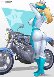 1girls 2022 ass belt big_ass big_breasts bike_outfit_(mario_kart) bimbo blonde_hair blue_eyes bodysuit boots breasts clothing crown earrings facing_away female female_only flytrapxx footwear full_body handwear human jumpsuit long_hair looking_at_viewer looking_back mario_(series) mario_kart motorcycle nintendo pale_skin patreon ponytail princess_rosalina sideboob skin_tight skindentation solo standing star_earrings thick_thighs thighs vehicle rating:Questionable score:350 user:Thebuki