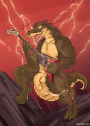 1boy alligator anthro balls bass_guitar claws cum fangs grin instrument looking_at_viewer male male_only messy muscles musical_instrument nude penis presenting reptile rocking_out scalie solo spread_legs spreading standing tail tongue twinkle-sez yellow_eyes rating:Explicit score:6 user:bot