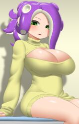 1girls big_breasts blush boob_window breasts cleavage green_eyes hi_res keyhole_turtleneck light-skinned_female light_skin long_sleeves looking_at_viewer nintendo nobunagapero octoling octoling_girl peronattu purple_hair short_hair solo splatoon splatoon_(series) sweat tentacle_hair thighs upscaled yellow_sweater rating:Questionable score:26 user:StrgtOctoBoi