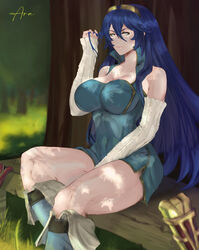 1girls araneesama bare_thighs blue_eyes blue_hair breasts cleavage cutesexyrobutts_(style) female female_only fire_emblem fire_emblem_awakening forest large_breasts long_hair looking_at_viewer lucina_(fire_emblem) nintendo outdoors sitting smile thick_thighs thighs rating:Questionable score:42 user:DeanDingus01