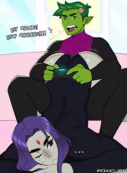 1boy 1girls ass ass_up bbrae beast_boy canon_couple cartoon_network dat_ass dc dc_comics english_text fat_ass_teen female forehead_jewel foxicube garfield_logan megan_thee_stallion_redraw_meme one_eye_closed playing_videogame purple_eyes purple_hair rachel_roth raven_(dc) superhero superheroine teen_titans teen_titans_go text rating:Questionable score:339 user:WatchTheLanguage