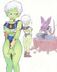 1boy 1girls alien_girl animal_ears anthro ass beerus beerus_(cosplay) breasts cheelai dragon_ball dragon_ball_super earrings embarrassed female god_of_destruction goddess_of_destruction green_skin grey_hair humanoid inkuusan purple_body short_hair standing tail thick_thighs rating:Questionable score:234 user:Thebuki