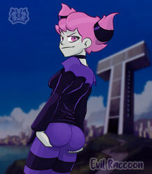 1girls ass bubble_ass bubble_butt dat_ass dc dc_comics evil_raccoon evil_smile goth goth_girl gothic grabbing grabbing_ass grabbing_own_ass grey_body jinx_(dc) pink_eyes pink_hair small_breasts smile smiling teen_titans villain rating:Questionable score:48 user:MapHCosmico