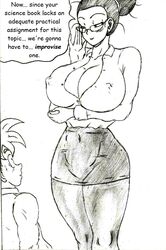 big_breasts big_thighs black_and_white black_hair blush blushing blushing_at_another button_down_shirt chichi cleavage cleavage_cutout curvy curvy_figure dialogue dragon_ball dragon_ball_z erect_nipples giant_breasts glasses hourglass_figure milf sketch skin_tight son_gohan son_gohan_(young) super_saiyan sweatdrop thewritefiction rating:Explicit score:43 user:reese66