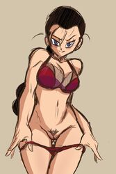 bedroom_eyes black_hair braid braided_hair dragon_ball dragon_ball_gt lemonjoojoo lingerie pubic_hair pulling_down_panties red_bra videl rating:Explicit score:82 user:Escalators