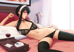 1girls bed belly belly_button black_bra black_hair black_legwear black_panties black_thighhighs blanket bottomwear bra bracelet breasts chopsticks clothed clothing collar curtains deilan12 dishes ear_ring earrings female female_only golden_earrings hairband hand_on_hip lamp legwear lingerie long_black_hair long_hair looking_at_viewer lying lying_on_bed matching_underwear napkin necklace neckwear nipples on_bed open_mouth panties panties_down panty_pull picture picture_frame pillow pussy pussy_hair red_eyes socks solo solo_female spread_legs spy_x_family thigh_socks thighhighs topwear white_hairband wine wine_glass yor_briar yor_forger rating:Explicit score:75 user:lub7