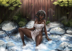 1girls anklet barbariank black_hair blue_eyes bracelet brown_skin dark-skinned_female dark_skin elf elf_ears elf_female female female_only hi_res light_blush looking_at_viewer medium_hair narrowed_eyes nude nude_female onsen pointy_ears solo solo_female thick_thighs towel towel_only wet_towel rating:Questionable score:49 user:!nner$elf89