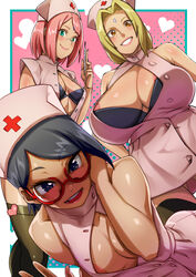 3girls aged_up aqua_eyes big_areola big_breasts big_nipples black_eyes black_hair blonde_hair blush boruto:_naruto_next_generations bra breasts eye_contact female female_only glasses huge_breasts konakona legwear long_hair looking_at_viewer mature_female medium_breasts milf mother_and_daughter multiple_girls naruto naruto_(series) nipple_slip nurse nurse_cap nurse_uniform orange_eyes pink_hair sakura_haruno sarada_uchiha short_hair smile thick_thighs thighhighs thighs tsunade rating:Questionable score:493 user:Thebuki