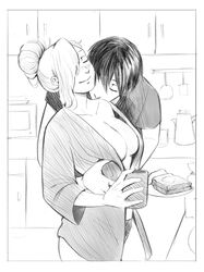 1boy1girl absurdres bathrobe blush boruto:_naruto_next_generations breasts canon_couple cleavage couple hair_bun hair_over_one_eye hand_on_another's_side highres husband_and_wife indoors ino_yamanaka kissing kissing_shoulder large_breasts male/female monday_mint monochrome morning naruto naruto:_the_last naruto_(series) nightie open_clothes sai smile underwear wholesome rating:Explicit score:183 user:Nsftw