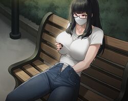 1girls bench black_hair black_nails breasts bushes clothed_masturbation exhibitionism face_mask fully_clothed glasses grabbing_own_breast hand_in_pants hand_on_breast hand_under_clothes jeans kkamja large_breasts long_hair masturbation masturbation_through_clothing nail_polish night outside painted_fingernails park_bench public_indecency public_masturbation red_eyes reina_(kkamja) shirt sitting street_lamp unzipped unzipped_pants white_shirt rating:Explicit score:247 user:gusat