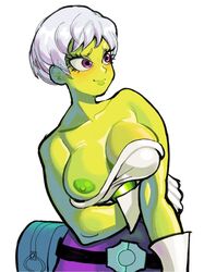 1girls areolae big_breasts breasts cheelai dragon_ball dragon_ball_super edu_pompom female_only gloves green_skin grey_body nipples purple_eyes short_hair solo solo_female upper_body wardrobe_malfunction white_background rating:Explicit score:143 user:Thebuki