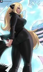 2020s 2022 absurdres ass black_coat black_pants blonde_hair bubble_butt cintia_(pokémon) coat creatures_(company) cynthia_(pokemon) echosaber female fur-trimmed_coat fur_collar fur_trim game_freak garchomp hair_over_one_eye highres holding holding_poke_ball lips long_hair nintendo pants pokémon_(species) poke_ball pokemon pokemon_(game) pokemon_dppt solo tight tight_pants very_long_hair wavy_hair rating:Questionable score:281 user:darkcrystal35