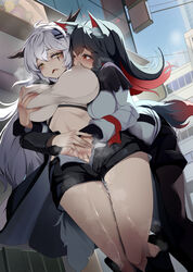 2022 2girls animal_ear_fluff animal_ears arknights big_breasts black_hair blush breast_grab breast_squeeze clothed clothed_female commission commission_art curvaceous curvy embarrassed erect_nipples facial_scar female female_only fingering_partner hair_between_eyes half-closed_eyes heart heavy_breathing hi_res hips huge_breasts lappland_(arknights) light-skinned_female light_skin long_hair massive_breasts monobe monobe_yuri multicolored_hair nipples open_shorts pussy_juice red_eyes red_hair scar_across_eye short_shorts shorts slim_waist tail texas_(arknights) thick_legs thick_thighs thighs two_tone_hair voluptuous white_hair wide_hips wolf_ears wolf_girl wolf_tail yellow_eyes yuri rating:Explicit score:220 user:Azure_Shadow