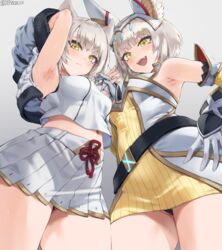 2girls absurd_res arm_up armpits blush breasts cat_ears catgirl female hand_holding hand_on_hip hi_res holding_hands jtveemo kemonomimi light-skinned_female light_skin looking_at_viewer low-angle_view mio_(xenoblade) monolith_soft nia nia_(xenoblade) nintendo short_hair small_breasts smile thighs white_hair xenoblade_(series) xenoblade_chronicles_3 yellow_eyes rating:Questionable score:117 user:Azure_Shadow