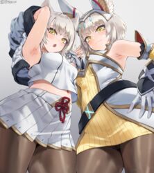 2girls absurd_res arm_up armpits blush breasts cat_ears catgirl female hand_holding hand_on_hip hi_res holding_hands jtveemo kemonomimi light-skinned_female light_skin looking_at_viewer low-angle_view mio_(xenoblade) monolith_soft nia nia_(xenoblade) nintendo short_hair small_breasts smile thighs white_hair xenoblade_(series) xenoblade_chronicles_3 yellow_eyes rating:Questionable score:123 user:Azure_Shadow