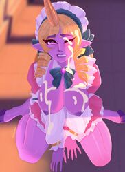 1girls autumn_ghost big_breasts blonde_hair blush breasts_out bukkake cafe_cutie_soraka cafe_cuties_series cum cum_in_mouth cum_on_breasts cum_on_clothes cum_on_face female female_only hooves horn league_of_legends looking_at_viewer maid on_floor one_eye_closed partially_clothed pointy_ears purple_skin soraka rating:Explicit score:116 user:AleFrye