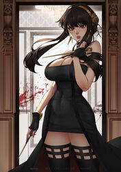 1girls assassin big_breasts blood cleavage clothing female female_only latex light-skinned_female light_skin mikeymegamega red_eyes solo solo_female spy_x_family stiletto_(weapon) thorn_princess tight_clothing yor_briar rating:Explicit score:76 user:deleted8863