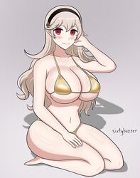 1girls alternate_costume bikini breasts cleavage corrin_(female)_(fire_emblem) corrin_(fire_emblem) corrin_(fire_emblem)_(female) female female_only fire_emblem fire_emblem_fates gold_bikini gold_swimsuit grey_hair huge_breasts kneeling long_hair looking_at_viewer nintendo red_eyes sideboob sixtybuzzer skindentation smile swimsuit underboob yellow_bikini yellow_swimsuit rating:Questionable score:4 user:kris923