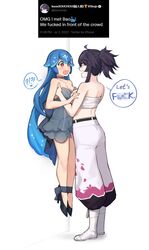 !? 2girls ahoge bao_(vtuber) belt black_hair blue_hair breasts censored_text dasdokter delinquent dress english_text eye_contact female female_only grey_dress heart heart-shaped_pupils height_difference high_heels highres how_to_talk_to_short_people indie_virtual_youtuber kson_onair lifting_person long_hair looking_at_another meme multiple_girls open_mouth pants sarashi shoes speech_bubble standing symbol-shaped_pupils tweet very_long_hair virtual_youtuber vshojo white_pants yuri rating:Questionable score:262 user:valcye8243