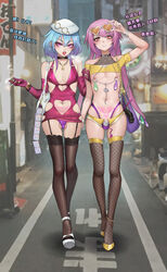 2boys absurdres alley animal_ears anklet ansel_(arknights) arknights arm_hug arm_up bag ball_bulge balls balls_in_panties balls_under_clothes bangle bangs bare_shoulders black_thighhighs blue_hair blush bodycon bracelet bulge chastity chastity_cage chastity_device chinese_text cigarette city clothing_cutout collar collarbone condom condom_accessories condom_packet_strip condom_wrapper corruption crop_top crossdressing dildo dress ear_piercing elbow_gloves eyeshadow eyewear_on_head femboy flaccid flat_chastity_cage garter_straps gins girly gloves gradient_hair hand_on_eyewear handbag hat heart heart-shaped_eyewear heart_cutout high_heels highres holding holding_cigarette jewelry long_hair looking_at_viewer makeup male male_chastity male_only male_with_male micro_shorts microdress microshirt microshorts mizuki_(arknights) multicolored_hair multiple_boys navel navel_cutout navel_piercing necklace nipple_piercing nipple_rings open_mouth open_toe_shoes orange-tinted_eyewear otoko_no_ko outdoors panties panty_bulge parted_lips penis penis_out piercing pink_dress pink_hair pubic_tattoo purple_gloves purple_hair purple_panties rabbit_ears red_eyes revealing_clothes ring sex_toy short_dress short_sleeves shoulder_bag sissy skimpy slut_collar slutty_outfit small_balls small_chastity_cage small_penis smoke smoking stomach sunglasses tattoo testicle_peek thighhighs thong tinted_eyewear tongue tongue_out tongue_piercing translated trap trash underwear used_condom useless_clothing very_long_hair vibrator vibrator_in_thighhighs walking white-framed_eyewear white_footwear white_headwear yellow_footwear rating:Explicit score:749 user:bot