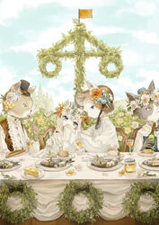  2boys 2girls absurdres azumikano black_bow black_hat blonde_hair blue_eyes blue_flower book bottle bow bread bread_bun brown_vest bush chair cheese cup daisy dress_shirt drinking_glass eyelashes feline fish flower flower_request food fork furry furry_female furry_male furry_with_non-furry green_eyes hair_flower hair_ornament hat head_wreath highres holding holding_book holding_fork interspecies iris_(flower) long_sleeves maypole midsummer multiple_boys multiple_girls napkin olive orange_flower orange_rose original plate rose rose_bush shirt sun_hat sweden table top_hat vest white_flower white_rose white_shirt wine_bottle wine_glass wiping_face wreath yellow_flower yellow_rose  rating:questionable score: user:bot