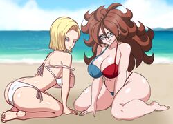 2girls android_18 android_21 beach big_breasts bikini blonde_hair blue_bikini breasts brown_hair darwaarts dragon_ball dragon_ball_fighterz dragon_ball_super earrings etzel glasses hi_res highres hoop_earrings long_hair red_bikini short_hair white_bikini rating:Explicit score:172 user:FilthyHank69