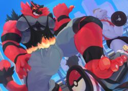 abs anthro background_character biceps bodybuilder city_background condom cum cum_on_penis cumming excessive_cum flexing freeballing furry gay hyper hyper_balls hyper_genitalia hyper_muscles hyper_penis hyper_testicles incineroar kunn_(artist) machoke male male_focus male_only muscle muscles muscular muscular_arms muscular_ass muscular_back muscular_legs muscular_male muscular_thighs nipples pecs penis_growth pokemon pokemon_(species) trousers veins veiny_penis rating:Explicit score:27 user:shadac