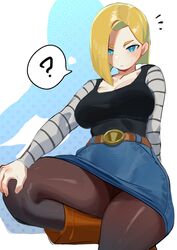 1girls ? android_18 big_breasts blonde_hair blue_eyes clothing dragon_ball dragon_ball_z female female_only fully_clothed long_hair looking_at_viewer narrowed_eyes nia_(nia4294) pantyhose sitting solo solo_female speech_bubble thick_thighs unamused very_high_resolution rating:Safe score:223 user:!nner$elf89