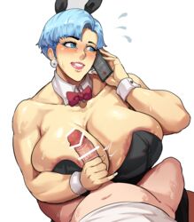 asian asian_female bar_censor big_breasts blue_eyes blue_hair blush blushing bulma_briefs bunny_ears bunny_girl bunnysuit calling censored donaught dragon_ball dragon_ball_super dragon_ball_z earrings grabbing grabbing_penis hand_on_penis handjob hi_res highres light-skinned_female light_skin lipstick married_woman mature_female milf mother neckwear nipples pearl_earrings penis_in_hand phone_call red_lipstick red_ribbon sweat sweating rating:Explicit score:410 user:RealPopNas