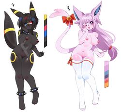 2girls :3 anthro black_hair blue_eyes blush breasts cute_fang espeon female freckles fredek666 heterochromia looking_at_viewer navel nude one_eye_closed open-mouth_smile pokémon_(species) pokemon purple_hair pussy thighhighs umbreon wink rating:Explicit score:83 user:jill58