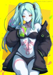 bare_shoulders blue_body blue_hair cup cyberpunk:_edgerunners cyberpunk_2077 drinking female_only jacket navel rebecca_(edgerunners) red_eyes seductive_look small_breasts smug smug_face straw tattoo thick_thighs waero rating:Questionable score:361 user:cumass99