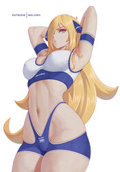 1girls arms_up blonde_hair breasts cynthia_(pokemon) female game_freak hi_res hips huge_breasts light-skinned_female light_skin long_hair melowh nintendo pokemon pokemon_dppt revealing_clothes slim_waist t-back_spats thick_thighs thighs wide_hips rating:Questionable score:129 user:Azure_Shadow