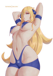 1girls arms_up blonde_hair breasts cynthia_(pokemon) female game_freak hi_res hips huge_breasts light-skinned_female light_skin long_hair melowh nintendo pokemon pokemon_dppt revealing_clothes slim_waist t-back_spats thick_thighs thighs wide_hips rating:Questionable score:124 user:Azure_Shadow