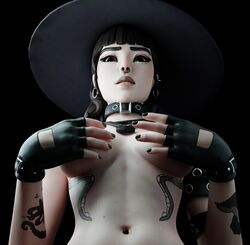 3d 3d_(artwork) black_hair blender blender_(software) breasts choker covering_breasts epic_games fortnite fortnite:_battle_royale gloves goth hat nose_piercing ns1124 phaedra_(fortnite) tattoo witch_hat rating:Explicit score:42 user:NS1124