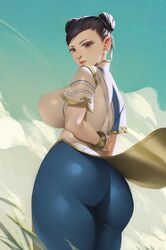 absurdres ass black_hair bracelet breasts brown_eyes capcom chinese_clothes chun-li double_bun earrings female hair_bun highres jewelry large_breasts pants pelvic_curtain red_lips short_sleeves side_slit solo spiralnoww street_fighter street_fighter_6 tight_clothes tight_pants rating:Questionable score:60 user:Caruflo