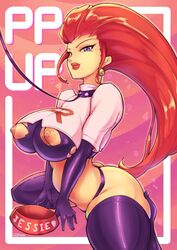 1girls areolae ass big_breasts blue_eyes breasts collar earrings eye_contact female female_only game_freak huge_breasts jessie_(pokemon) large_breasts legwear light-skinned_female light_skin long_hair looking_at_viewer nintendo nipples pokemon pokemon_(anime) pokemon_(game) red_hair ripped_clothing solo team_rocket telrem thick_thighs thighhighs thighs thong very_long_hair rating:Explicit score:67 user:Thebuki