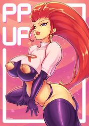 1girls areolae ass big_breasts blue_eyes breasts earrings eye_contact female female_only game_freak huge_breasts jessie_(pokemon) large_breasts legwear light-skinned_female light_skin long_hair looking_at_viewer nintendo nipples pokemon pokemon_(anime) pokemon_(game) red_hair ripped_clothing solo team_rocket telrem thick_thighs thighhighs thighs thong very_long_hair rating:Explicit score:85 user:Thebuki