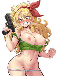 angry bad_launch bangs bare_shoulders blonde_hair blush breasts breath clenched_hand clenched_teeth cowboy_shot curly_hair dragon_ball dragon_ball_(classic) dragon_ball_z english_commentary fangs female green_eyes groin gun hairband hand_up handgun head_tilt highres holding holding_gun holding_weapon large_breasts launch lewdamone long_hair looking_at_viewer lunch_(dragon_ball) navel nipples nose_blush panties panty_pull parted_bangs redrawn shiny shiny_skin simple_background solo stomach strap_slip sweat teeth underwear v-shaped_eyebrows weapon white_background white_panties rating:Explicit score:462 user:masternoobcake