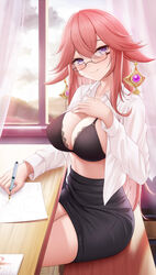 1girls arayuki_(sakurafubuki) big_breasts black_bra blouse blush bra breasts cleavage eyelashes eyeliner female female_only flashing genshin_impact glasses hand_on_own_chest hi_res large_breasts lingerie long_hair looking_at_viewer makeup mature mature_female miniskirt older_female pink_hair purple_eyes shirt shirt_lift sitting skirt smile teacher teasing teasing_viewer unbuttoned unbuttoned_shirt yae_miko rating:Questionable score:215 user:Monalicious