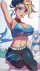 2girls akali armpits arms_up big_breasts blush evelynn female female_only himmely k/da_all_out_akali k/da_all_out_evelynn k/da_all_out_series k/da_series kneeling league_of_legends light-skinned_female light_skin nipple_bulge succubus rating:Explicit score:86 user:deleted8863