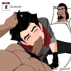 avatar_the_last_airbender big_penis black_hair blowjob blush blushed cheek_bulge clothing dark_skin gay gay_blowjob gay_sex hand_on_head lawwclair looking_at_viewer looking_up mako male male_only oral_sex penis pubes pubic_hair smooth_skin the_legend_of_korra tongue tonraq yaoi yellow_eyes rating:Explicit score:90 user:lawwclair_