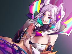 1boy 1girls big_breasts blue_nails censored clothed glove gloved_handjob hair_ornament handjob holding_penis laughter_(artist) league_of_legends light-skinned_female light-skinned_male light_skin looking_at_viewer morgana single_glove smile star_guardian_series star_nemesis_morgana white_hair yellow_eyes rating:Explicit score:98 user:LukeSkyLuke