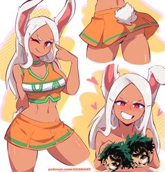 ass ass_view behind behind_view belly belly_button bikini bikini_bottom bikini_top blush blush_lines bunny_ears bunny_tail censor_bar censored cheerleader cheerleader_uniform choker dashi_art heart heart-shaped_pupils izuku_midoriya long_hair looking_at_viewer miruko my_hero_academia no_panties one_eye_closed pointing pointing_at_self rabbit rabbit_ears rabbit_girl rabbit_humanoid rabbit_tail red_eyes rumi_usagiyama skirt smile sweat sweatdrop text watermark white_background white_hair wink rating:Questionable score:177 user:0_everything