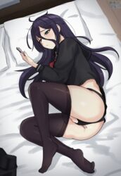 1girls ass bed black_panties black_pantyhose black_sailor_collar black_serafuku black_shirt black_skirt cellphone clothed_masturbation clothes_pull female female_masturbation from_above green_eyes hair_between_eyes hand_in_panties highres holding holding_phone kuon_bb_(kuonr18/epijbp) light-skinned_female light_skin long_hair long_sleeves looking_at_phone lying masturbation neckerchief on_bed on_side original panties pantyhose pantyhose_pull phone pillow purple_hair pussy_juice red_neckerchief sailor_collar school_uniform serafuku shirt skirt skirt_removed smartphone solo teal_anima_(jellen_aura) thighs underwear very_long_hair watching_porn rating:Explicit score:152 user:bot