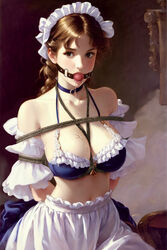 ai_generated arms_behind_back ball_gag bare_midriff blush bondage bound braid breasts brown_eyes brown_hair brunette collar drooling gag gagged maid maid_headdress original pale-skinned_female pale_skin saliva stable_diffusion third-party_edit tied_up rating:Questionable score:151 user:dontlook6661