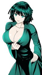 1girls artist_request bangs big_breasts bob_cut breasts busty cleavage clothed clothing collared_dress curvaceous curvy curvy_body curvy_female curvy_figure dark_green_hair dress dress_pull eye_contact eyelashes eyeliner female female_focus female_only fringe front_view fubuki_(one-punch_man) green_eyes green_hair hand_on_hip hips large_breasts light-skinned_female light_skin lips lipstick looking_at_viewer makeup medium_hair one-punch_man presenting presenting_breasts shiny_skin short_hair slim slim_waist smile smiling smiling_at_viewer solo solo_female solo_focus teasing thin_waist tight_clothing voluptuous waist white_background wide_hips rating:Questionable score:86 user:mattez_