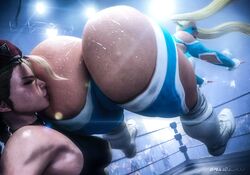 2girls 3d 3d_(artwork) beret blonde_hair blue_clothing boots bubble_butt cammy_white capcom crowd dat_ass dumptruck_ass female female_only hip_attack huge_ass kissing kissing_ass large_breasts lips long_hair midair mikadawn rainbow_mika spotlight stage_lights street_fighter street_fighter_v sweat thick_thighs twintails white_footwear wrestling wrestling_outfit wrestling_ring rating:Questionable score:170 user:animeboy12