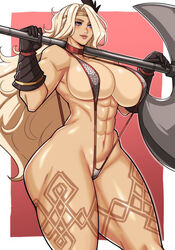 1girls abs alecto_0 amazon_(dragon's_crown) axe big_breasts bikini_armor blonde_hair blue_eyes dragon's_crown enormous_breasts female female_only gloves huge_breasts light-skinned_female light_skin long_hair massive_breasts muscles muscular muscular_female sling_bikini smile solo thick_thighs very_high_resolution weapon weapon_on_shoulder rating:Questionable score:254 user:!nner$elf89