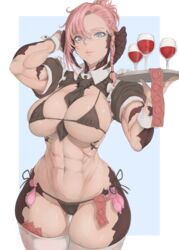 1girls 2d abs absurd_res armpits au_ra blue_eyes braid condom condom_belt condom_in_clothes condom_packet_strip condom_wrapper final_fantasy final_fantasy_xiv glasses kuromoro kyari_layarte looking_at_viewer maid maid_bikini muscles pink_hair simple_background solo_female tattoo tattoos thick_thighs thighhighs tie_between_breasts wine wine_glass rating:Explicit score:213 user:TheLastRaven