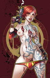 abysmal0 blood borderlands borderlands_2 exposed_breasts exposed_pussy female gloves gun licking_lips lilith_(borderlands) panties panties_around_leg panties_around_legs panties_down pussy red_hair short_hair smoking_gun solo tattoo tattoos yellow_eyes rating:Explicit score:57 user:notputtinthisonmyregualraccount_